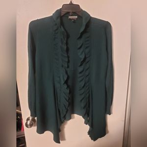 Dark Green Ruffle Collar Open Front Cardigan